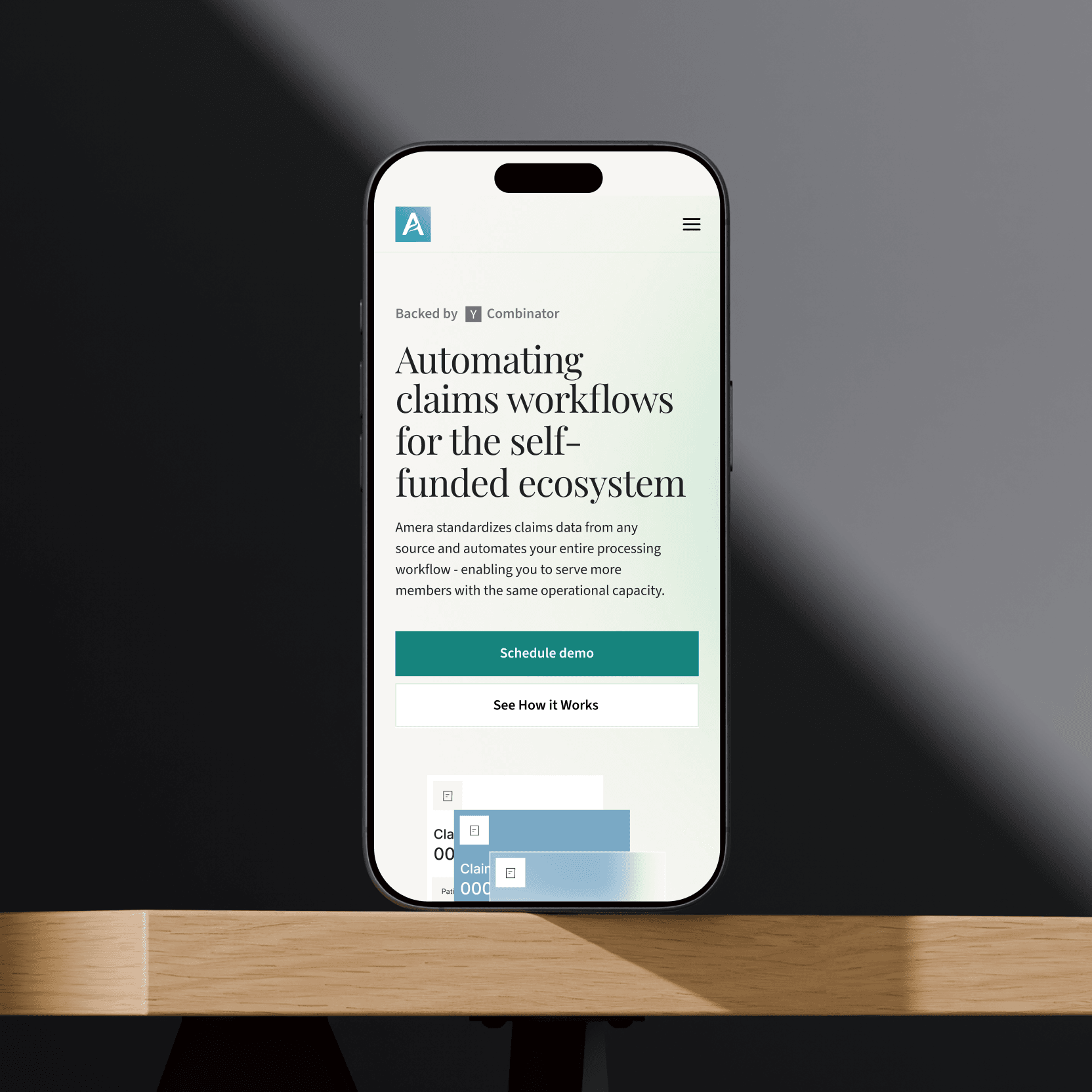 Phone showing Amera's mobile website homepage: "Automating claims workflows for the self-funded ecosystem," with Schedule Demo and See How it Works buttons