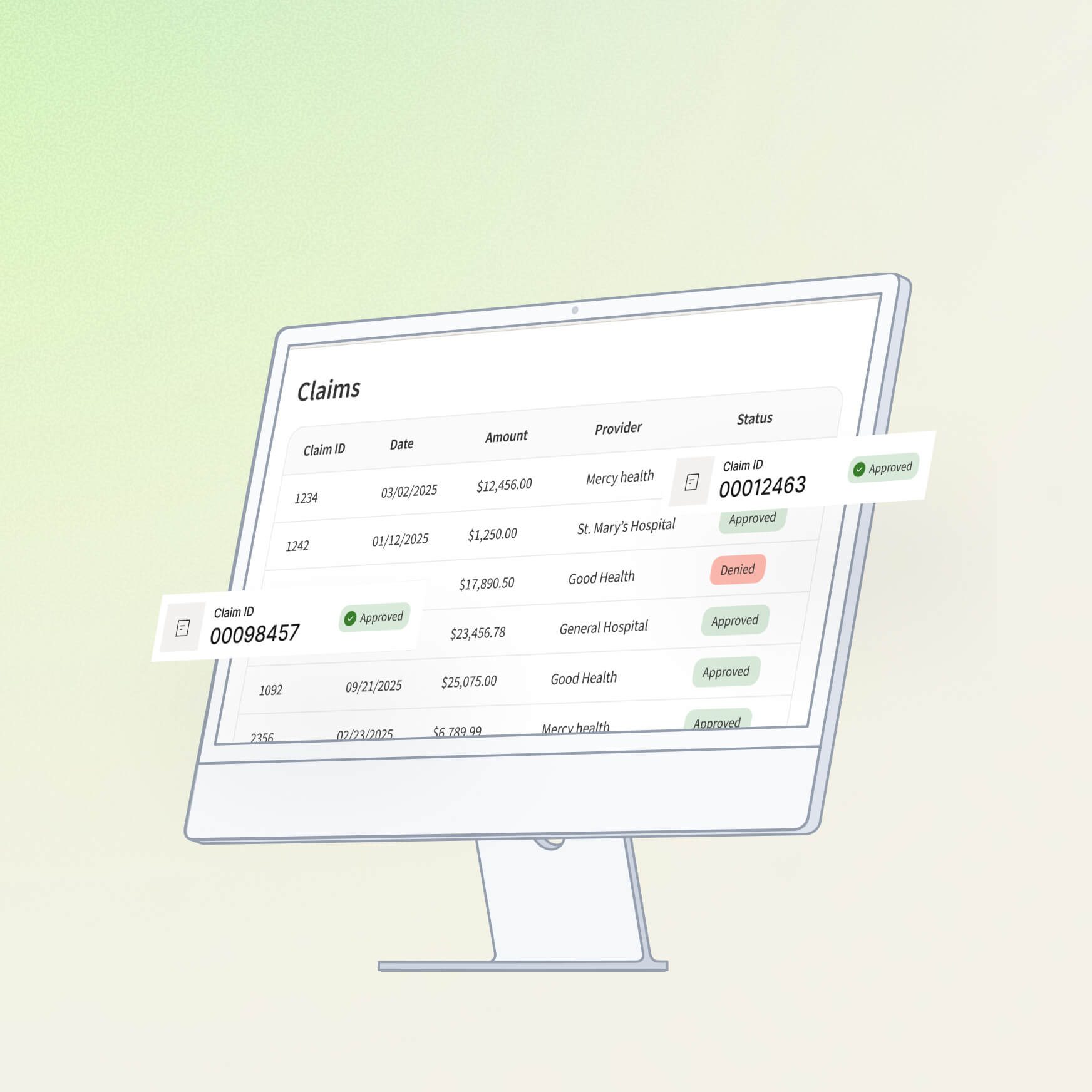 Illustration of a desktop monitor showing a claims table with statuses like Approved and Denied, with two claim ID cards popping out, most marked Approved